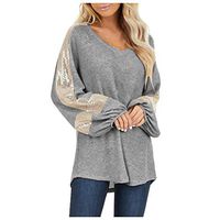 Sunhusing Women's Solid Color Shiny Sequined Splicing Loose Round Neck Long Sleeve Pullover Sweatshirt Tops(Gray,S)