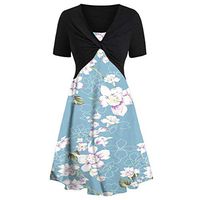 Womens Floral Print Midi Dresses Sleeves Bow Knot Bandage Suit Summer Casual Cover Up Vintage Straps Mini A-Line Tshirt Dress Loose Swing Flowy Pleated Floral Sun Dress