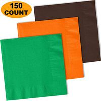 150 Lunch Napkins, Emerald Green, Pumpkin Orange, Brown - 50 Each Color. 2 Ply Paper Dinner Napkins. 6.5" folded, 13.5" unfolded.