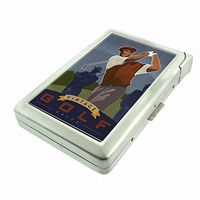 Perfection In Style Metal Cigarette Case with Built in Lighter Vintage Golf Design 004