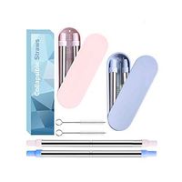 Reusable Metal Straws, Collapsible Telescopic Stainless Steel Drinking Straws, Portable Eco-Friendly Straws with Hard Case & Cleaning Brush, 2Pack (Blue&Pink)