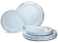 " OCCASIONS" 50 Plates Pack (25 Guests)-Vintage Wedding Party Disposable Plastic Plate Set -25 x 10'' Dinner + 25 x 7.5'' Salad/Dessert plates (Verona in Blue & Silver)