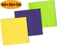 150 Beverage Napkins, Lemon Yellow, Grape Purple, Lime Green - 50 Each Color. 2 Ply Paper Cocktail Napkins. 5" folded, 10" unfolded.