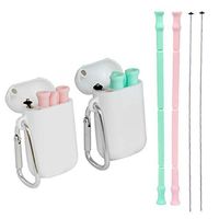 Reusable Silicone Collapsible Straws, Portable Drinking Straw with Carrying box and Cleaning Brush, Pink & Green, 2 Pack