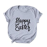 Eoeth Happy Easter Lettrer Print T-Shirts,Women Casual Simple Round Neck Short Sleeved Top Blouse Tracksuits Pullover Tee Gray