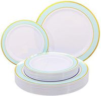 NERVURE 102 PCS Mint with Gold Rim Disposable Plates-Wedding and Party Plastic plate Include 51PCS 10.25inch Dinner Plates And 51PCS 7.5inch Dessert/Salad Plates - Value Pack 102 Count(Mint)