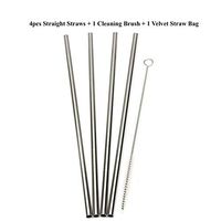 Stainless Steel Straws Set of 4 (8.5 Inch) Straight Shape + Cleaning Brush + Black Velvet Straw Bag