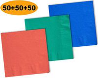 150 Beverage Napkins, Coral, Teal, Cobalt Blue - 50 Each Color. 2 Ply Paper Cocktail Napkins. 5" folded, 10" unfolded.