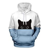 Buedvo Couples Wear Long Sleeve Cat Print Casual Sweater Stitching Color Drawstring Pullover Sweatshirt with A Large Pocket Hooded Coat Sweater Pullover Cardigan Windbreaker Tops (L, White)