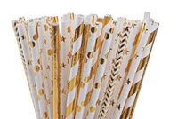LuvLiz Biodegradable Paper Straws, Straws for Party Supplies, Birthday, Wedding, Bridal/Baby Shower Decorations and Holiday Celebration. Let's Keep Our Ocean Clean! (Gold & White, 200)