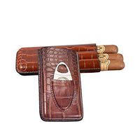 Gereton Crocodile Pattern Leather Cigar Tube Case 3 Tubes with Stainless Steel Cutter Brown