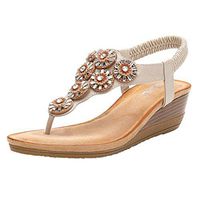 Cenglings Wedge Shoes,Women Plus Size Clip Toe Crystal Flip Flop Wedges T-Strap Elastic Band Bohemian Platform Beach Shoes(Beige,41)