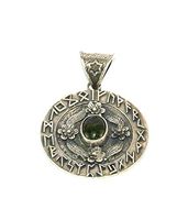 Moldavite Polished Cabochon Sterling Silver Pendant Large Runes Design