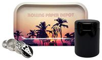 Leaf Lock Gear UV Glass Stash Jar, Hippie Butler 42mm Grinder, with Rolling Paper Depot Rolling Tray (Retro Palms) - 3 Item Bundle