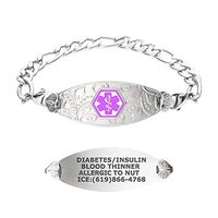 Divoti Custom Engraved Medical Alert Bracelets for Women, Stainless Steel Medical Bracelet, Medical ID Bracelet w/Free Engraving – Lovely Filigree Tag w/Figaro-Purple-6.0"