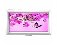 Butterflies Color Flowers Orchid Pink Design Unisex Stainless Steel Cigarette Holder Case Protection Credit Business Card Storage Box Pocket/Wallet