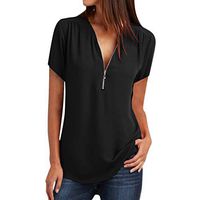 Creazrise Womenss Casual Tops Short Sleeve Shirt Ladies V Neck Zipper Loose T-Shirt Blouse Tee Top Plus Size Black