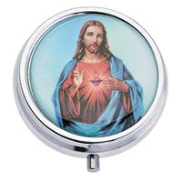 FZJ Metal Pill boxes with mutiple patterns (Gods, Blooms, Birds) Compact Round Pill box and organizer with 3 plastic compartments, small medicine box for purse, pocket Decorative gift pill box (Jesus)