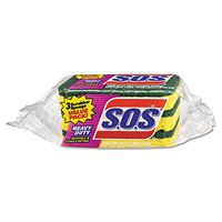 S.O.S. 91029CT Heavy Duty Scrubber Sponge, 3/Pk, 2 1/2 x 4 1/2.9" Thick, Yellow-Green, 24/Ctn