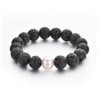 UKER 12mm Lava Rock Bracelet with Artificial Pearls Beaded Yoga Energy Elastic Bracelet