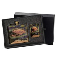 Van Gogh Starry Wolf Moon Night - Gold Lighter and Pocket Hip Liquor Flask Survival Camping Gift Box Set