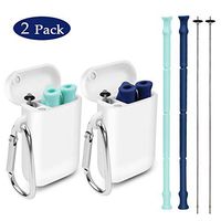 Collapsible Reusable Silicone straws,Food Grade Silicone Foldable Straw,Folding Drinking Straws Portable Set with Case & Carabiner Cleaning Brush for Travel, (blue&pink)