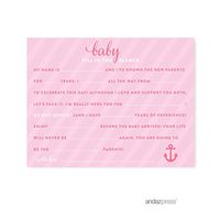 Andaz Press Pink Girl Nautical Baby Shower Collection, Games, Activities, Decorations, Baby Fill in The Blanks Cards, 20-Pack