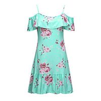 Women Summer Dresses Fashion Off-Shoulder Strap Flora Print Midi Sundress Casual Ruffle Mini A Line Dress (Green, XL)