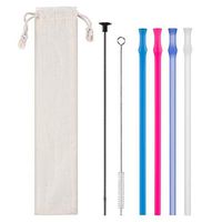 Reusable Collapsible Silicone Drinking Straws, 4 Pieces Extra long Flexible Bendy Straw, BPA Free Big Size Straw with Cleaning Brushes and Portable Bag, 30oz and 20oz Tumblers Compatible for Travel