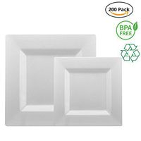 Party Joy 200-Piece Plastic Dinnerware Set | Square Collection | (100) Dinner Plates & (100) Salad Plates | Heavy Duty Premium Plastic Plates for Wedding, Parties, Camping & More (White)