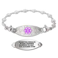 Divoti Custom Engraved Medical Alert Bracelets for Women, Stainless Steel Medical Bracelet, Medical ID Bracelet w/Free Engraving – Lovely Filigree Tag w/Heart Link-Purple-8.0"