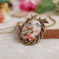 Cameo Bronze Oval Vintage Necklace Flower Bird Glass Cabochon Pendant Prom Cute For gift Simple Lovely Elegant Women Fashionable Womens Beads Daily Wonderful