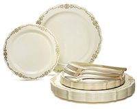 " OCCASIONS" 150pcs set (25 Guests)-Vintage Wedding Plastic Plates & cutlery -Disposable Dinnerware 10'', 7.5'' + Silverware w/double fork (Verona Ivory & Gold Rim)