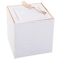 WDF 86pcs Rose Gold Dessert Plates 6" with 86 Pieces Disposable Forks 5", Elegant Square Plastic Plates, Fancy Salad Plates and Appetizer Plates for all Holidays & Occasions