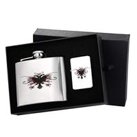 Albanian Flag Art Stainless Steel Liquor Shot Flask Flip Top Silver Lighter Gift Set