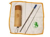 Reusable Telescopic Stainless Steel Metal Straw with Silicone Tip & Cleaning Brush, an Ultra Absorbent Bamboo Fiber Towel & a 100% Natural Bamboo Case with Carabiner Perfect for Travel (Blue)