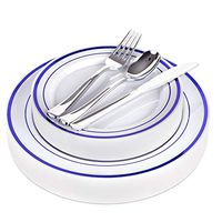 Fancy Disposable Plates with Cutlery - 125 Piece Blue Plastic Party Plates and Silverware for Weddings, Party, Baby Shower, Birthday, Holiday - Service for 25 Guests Disposable Dinnerware (Blue Rim)