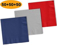 150 Beverage Napkins, Navy blue, Shimmering Silver, Red - 50 Each Color. 2 Ply Paper Cocktail Napkins. 5" folded, 10" unfolded.