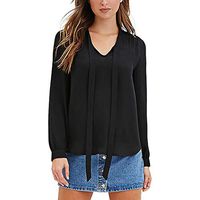 Alangbudu Women Tie Front V Neck Long Sleeve Curved Hem Solid Office Shirt Loose Fit Tunic Casual Pullover Blouses Tops Black