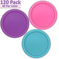 120 Paper Dessert Plates (7") - Hot Pink, Pretty Purple, Aqua - 40 Per Color, 3 Colors - Great Assortment for Birthday Parties, Weddings, Holidays, Baby Shower, Celebrations, and more