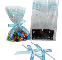 Weststone Bags and Bows - 25pcs 5"x 8" Blue Footprints Bags and Ribbon Bows for Boy Baby Shower Party