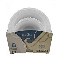 VintageWare Series (5 oz. Dessert Bowls + 12 oz. Soup Bowls) 1 Combo Pack, Service for 16 (32 Bowls) Disposable/Reusable Plastic Party Tableware – White