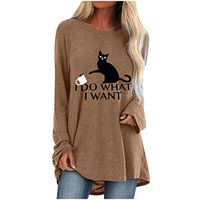 Sunhusing Women's Lazy Cat Letter Printed Loose Round Neck Solid Color Long Sleeve Pullover Long Tunic Tops(Khaki,3XL)