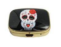 LCTCKP Custom Fashion Square Glass Gold Pill Case Decorative Metal Western Medicine Tablet Container Box (Sugar Skull owl)