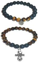 Hidden Hollow Beads Charm Tigers Eye and Black Lava Natural Stone Women's Yoga Beaded Stretch Bracelet Set. Comes in A Gift Box! (I Love Soccer)