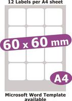 Minilabel 60X60mm Square, 60 Labels, Matt Paper, 5 A4 Sheets, Laser Copier Inkjet Stickers