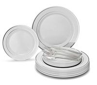 " OCCASIONS" 150pcs set (25 Guests)-Wedding Plastic Plates & cutlery -Disposable heavyweight Dinnerware 10.5'', 7.5'' + Silverware w/double fork (White & Silver Rim)