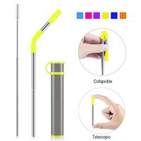 Reusable Collapsible Straw, Portable Stainless Steel Drinking Straw with Case, Straw Tip and Cleaning Brush for Travel, Party, Outdoor and Home Use (Grey Case Yellow Tip)