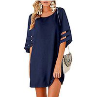 SADUORHAPPY Womens Bell Sleeve V Neck Mesh Patchwork Casual Loose Swing Chiffon Shift Mini Dress Navy