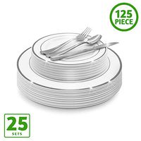 EcoEarth 125 Piece Silver Plastic Dinnerware Set (Silver Rim)- Includes 25 Dinner Plates, 25 Dessert Plates, 25 Forks, 25 Knives, 25 Spoons